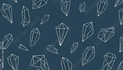 A collection of hand-drawn white outline crystals and gemstones with sketchy, geometric facets and sharp points.