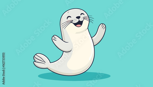 Cheerful cartoon seal pup with a happy expression, closed eyes, and waving flippers.