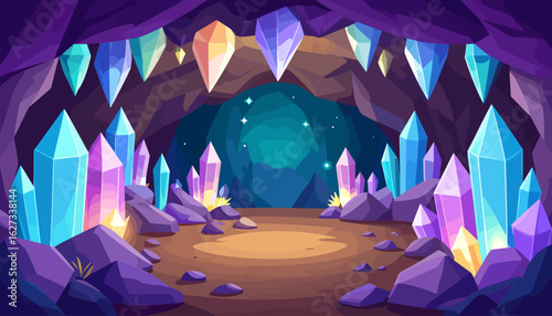 Enchanted underground grotto with luminous, faceted crystals in shades of purple, blue, and yellow, set among jagged rocks.