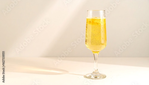 Champagne in a flute glass on a white surface