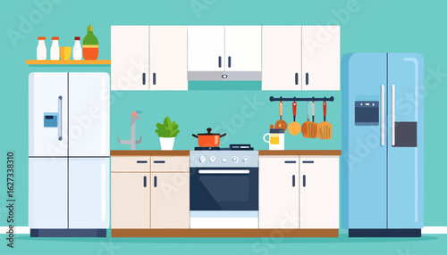 Modern kitchen interior with appliances and furniture in a flat vector illustration style.