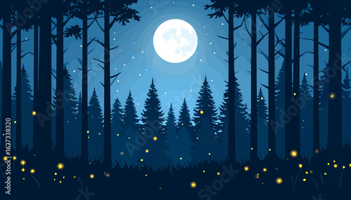 Magical night forest with a full moon, starry sky, and glowing fireflies illustration.