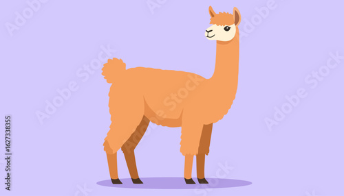 Cute cartoon orange llama with fluffy woolly fur. Flat design illustration of a smiling animal standing in profile.
