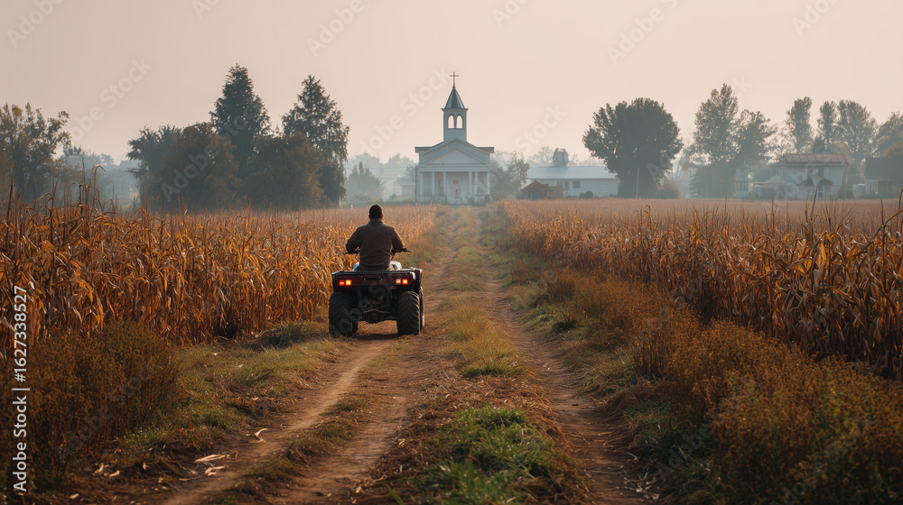 Obraz premium A farmer on a penguin ATV rides through the cornfield. In the background, there is his farm with a barn and a church.