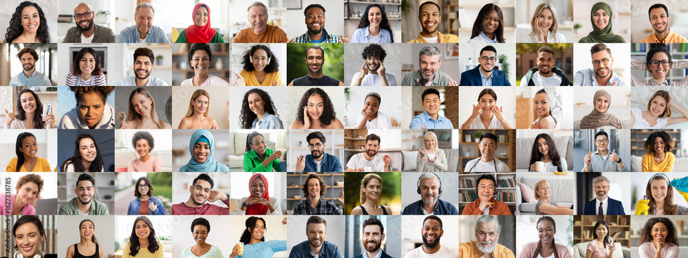 Naklejka premium A vibrant collection of faces showcases a diverse mix of happy individuals from various backgrounds. Their smiles express joy and unity, highlighting the beauty of diversity in everyday life.