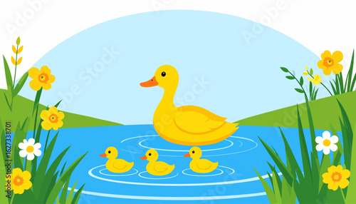 Charming cartoon illustration of a yellow mother duck swimming with her three baby ducklings.