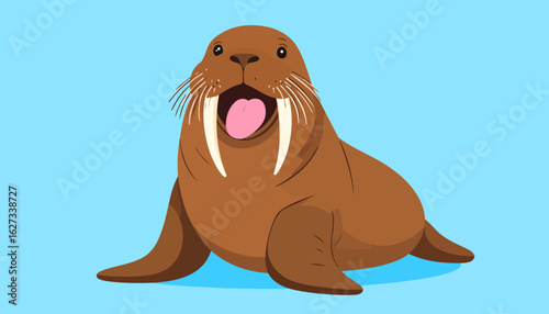 A friendly cartoon walrus with large white tusks and an open mouth, looking forward.