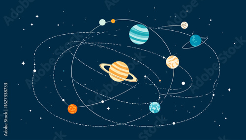 Stylized solar system with colorful planets and complex intersecting orbital paths.