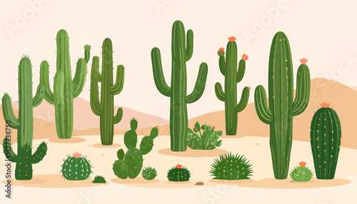 A vibrant collection of illustrated green cacti, featuring various species like saguaro and prickly pear, some with delicate orange flowers.