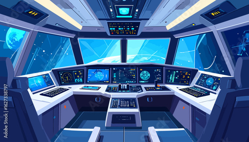 Futuristic Spaceship Cockpit with Glowing Blue Control Panels and Pilot Seats