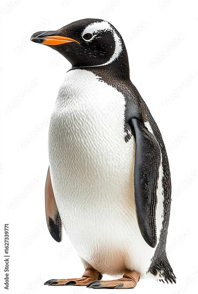 Fototapeta premium Solitary Gentoo Penguin in Crisp Studio Lighting Against a White Backdrop
