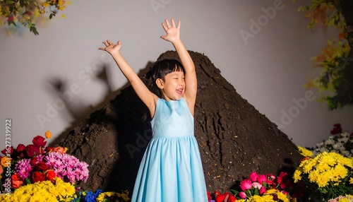 Child in a light blue dress, hands raised, amidst flowers and a mound