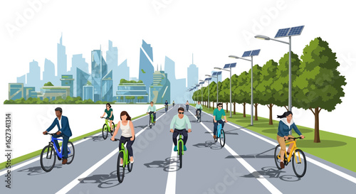 Urban Cycling for Sustainable Commute: Diverse Group of People Riding Bikes in a Smart City