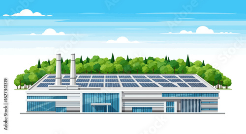 Sustainable Industrial Plant: Large Factory Building with Extensive Rooftop Solar Panel Installation