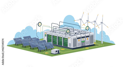 Integrated Renewable Energy System: Solar Panels, Wind Turbines, and Energy Storage Hub