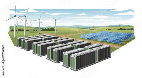 Large-Scale Energy Storage: Battery Containers, Solar Farm, and Wind Turbines in Rural Setting