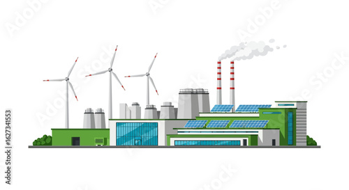 Modern Industrial Plant: Integrated with Solar Panels, Wind Turbines, and Green Energy Initiatives