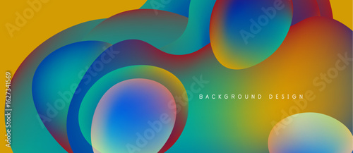 Abstract fluid shapes overlap, vibrant colors blend. Yellow backdrop complements blue, green, orange gradients. Modern design element.