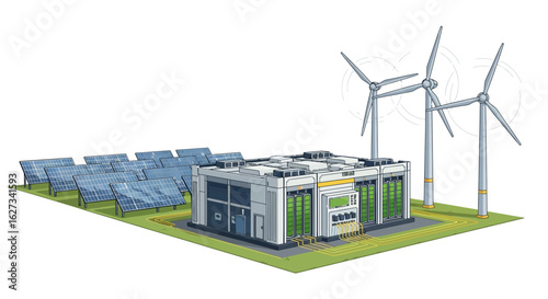 Advanced Renewable Energy System: Solar Panels, Wind Turbines, and Central Energy Storage Hub