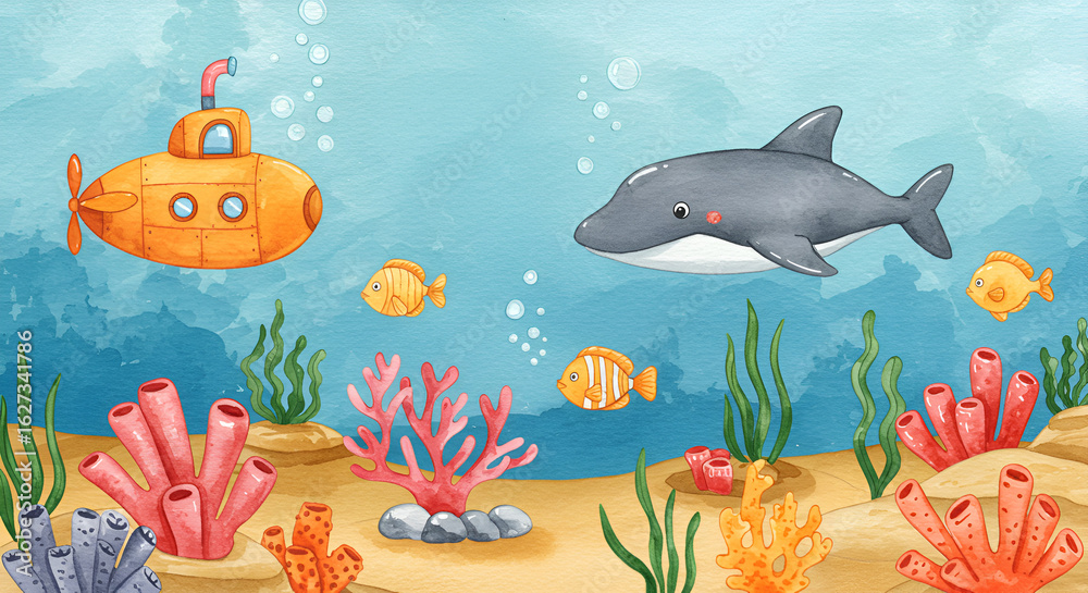 Naklejka premium Adorable underwater scene with a friendly dolphin, submarine, and colorful coral