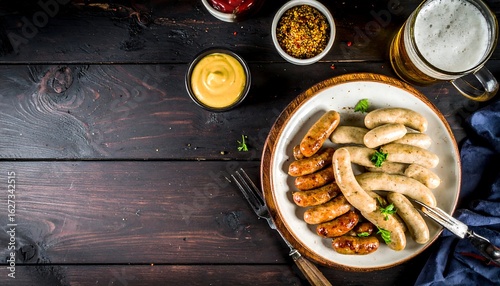 Grilled sausages, beer, and condiments on a dark wooden table