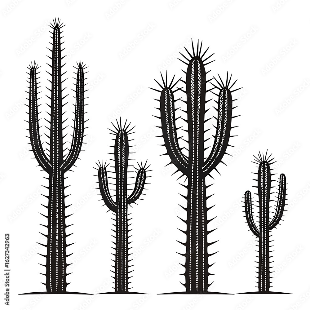Four saguaro cacti in a row isolated on white background Four saguaro cacti in a row isolated on white background