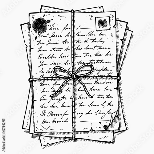 Line art illustration of vintage handwritten letters tied with string bow. Pen and ink sketch, isolated design element for nostalgia and romance themes.