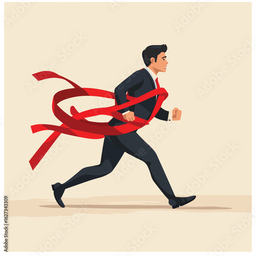 limitation and trap or challenge ,Businessman tied up with red tape trying to run away with full effort. struggling concept, vector style simple color