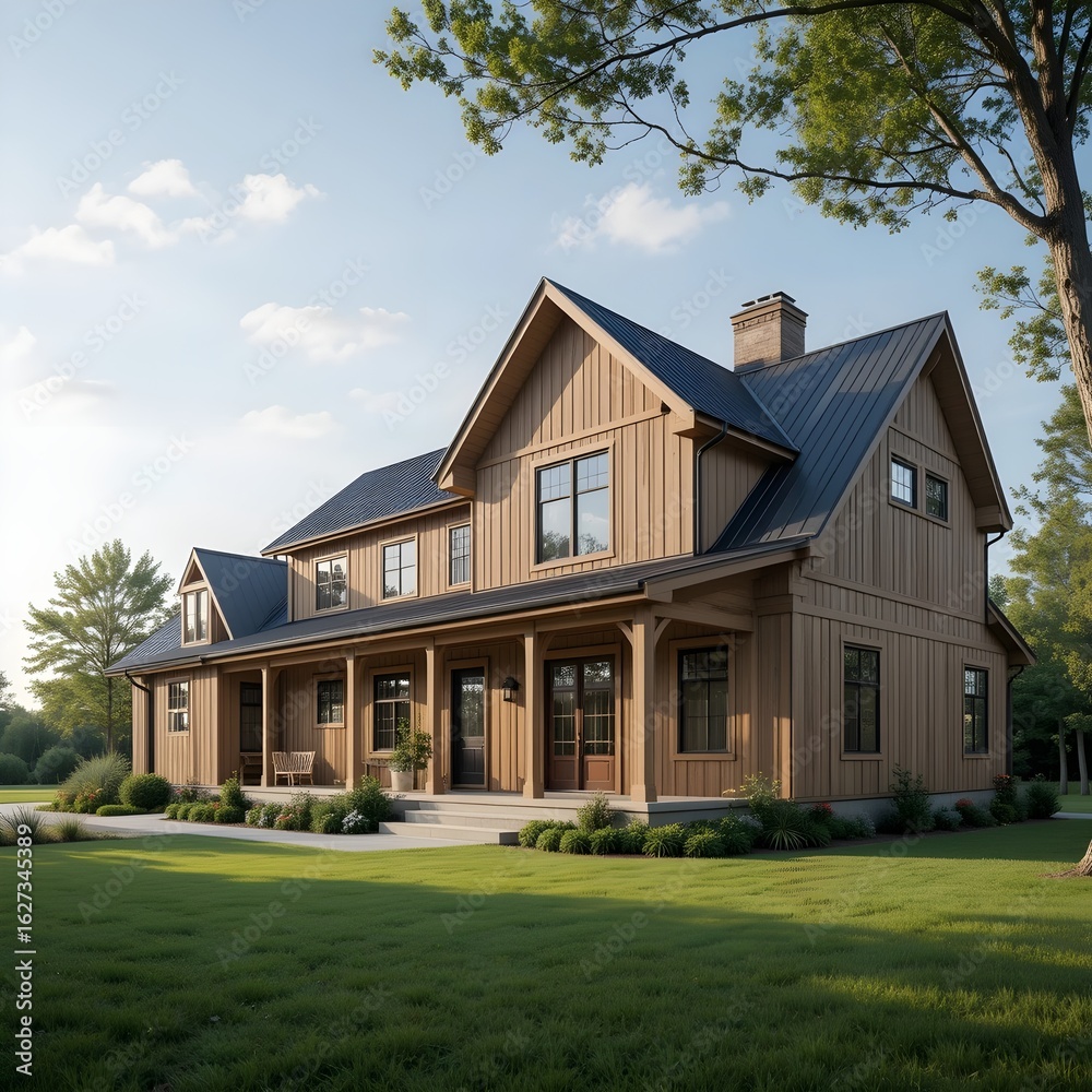 Modern Farmhouse Design Surrounded by Lush Green Landscape Modern Farmhouse Design Surrounded by Lush Green Landscape