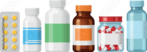 Collection of various pharmaceutical bottles and blister pack of pills isolated on white background