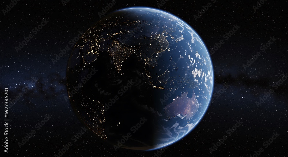 Fototapeta premium Stunning Earth from space, illuminated by city lights against a starry backdrop. Perfect for science, technology, and environmental themes.