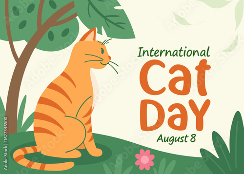 vector of orange cat sitting in a garden for international cat day, perfect for editorial or nature-themed visual assets