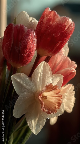 Close up of red and white tulips and daffodils with water droplets, soft lighting.