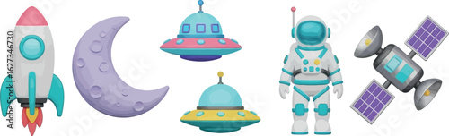 Whimsical cartoon collection of space objects including rocket astronaut ufos and moon