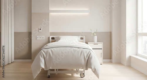 An empty, modern hospital bed with impeccably crisp white linens, in a clean, private hospital room brightly lit by window light. 