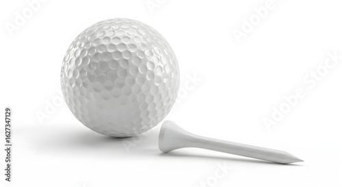A pristine white golf ball rests beside its tee, isolated on a stark white background.