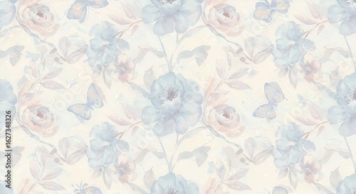 Watercolor floral pattern with roses and butterflies design for textile printing