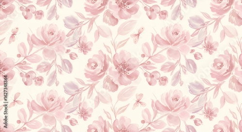 Watercolor Floral Pattern with Roses and Butterflies in Pastel Pink Hues