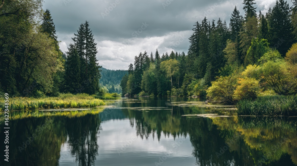 Fototapeta premium A serene landscape featuring a calm river surrounded by lush green forests under a cloudy sky.