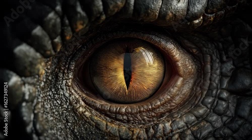 Hyperrealistic extreme closeup of tyrannosaurus rex eye with amber iris