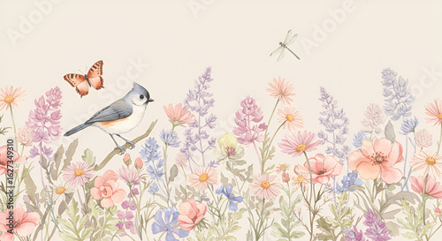 Watercolor illustration featuring a bird perched among wildflowers and flying insects