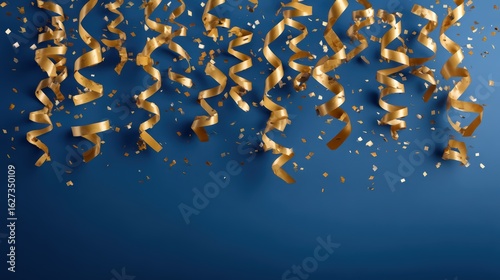 Eye-catching promotional poster using golden confetti against a navy blue background, centered open space for bold marketing message