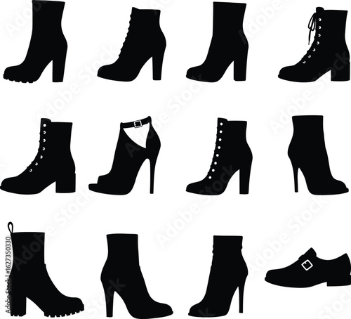 Black silhouette set of women's fashion boots, high heel ankle boots, a heeled sandal, and a buckle flat shoe vector illustration for apparel and accessories design.