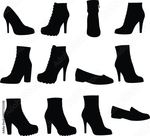 High heel shoes, boots, and flats vector icon silhouette set. A collection of women's fashion footwear for different occasions, isolated on white background.