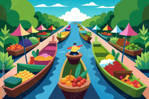 Colorful floating market scene with boats laden with fruits and vegetables