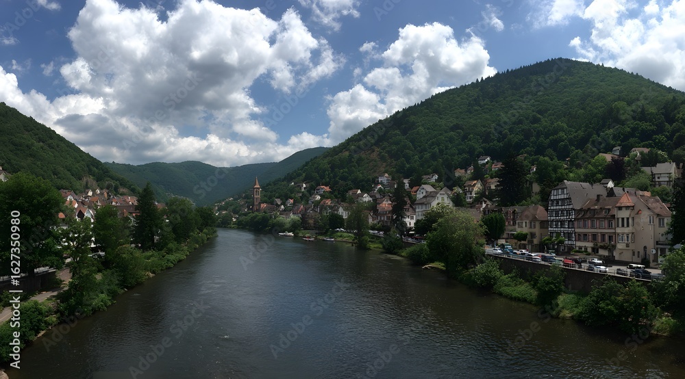 Fototapeta premium Serene River Valley Underneath Cumulus Cloudscape