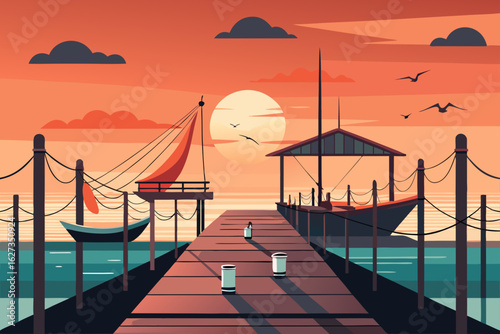 Tranquil harbor scene at sunset with boats and pier