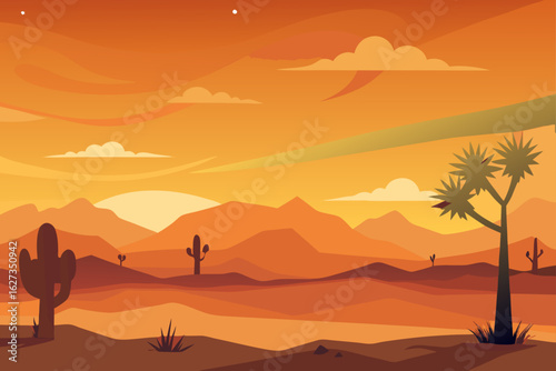 Vibrant desert landscape at sunset with cacti and mountains