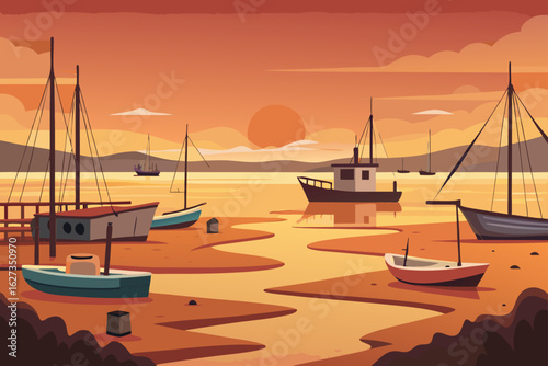Idyllic coastal scene with boats at sunset in warm orange hues