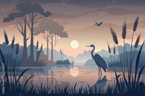Serene heron stands by tranquil lake at sunset with reeds and trees